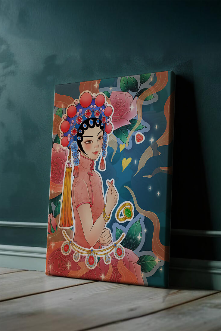 Traditional Asian-inspired illustration with jewelry and floral accents