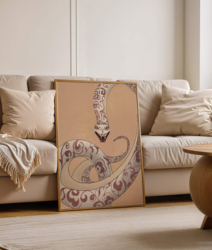 Elegant coiled snake with floral patterns in an artistic composition