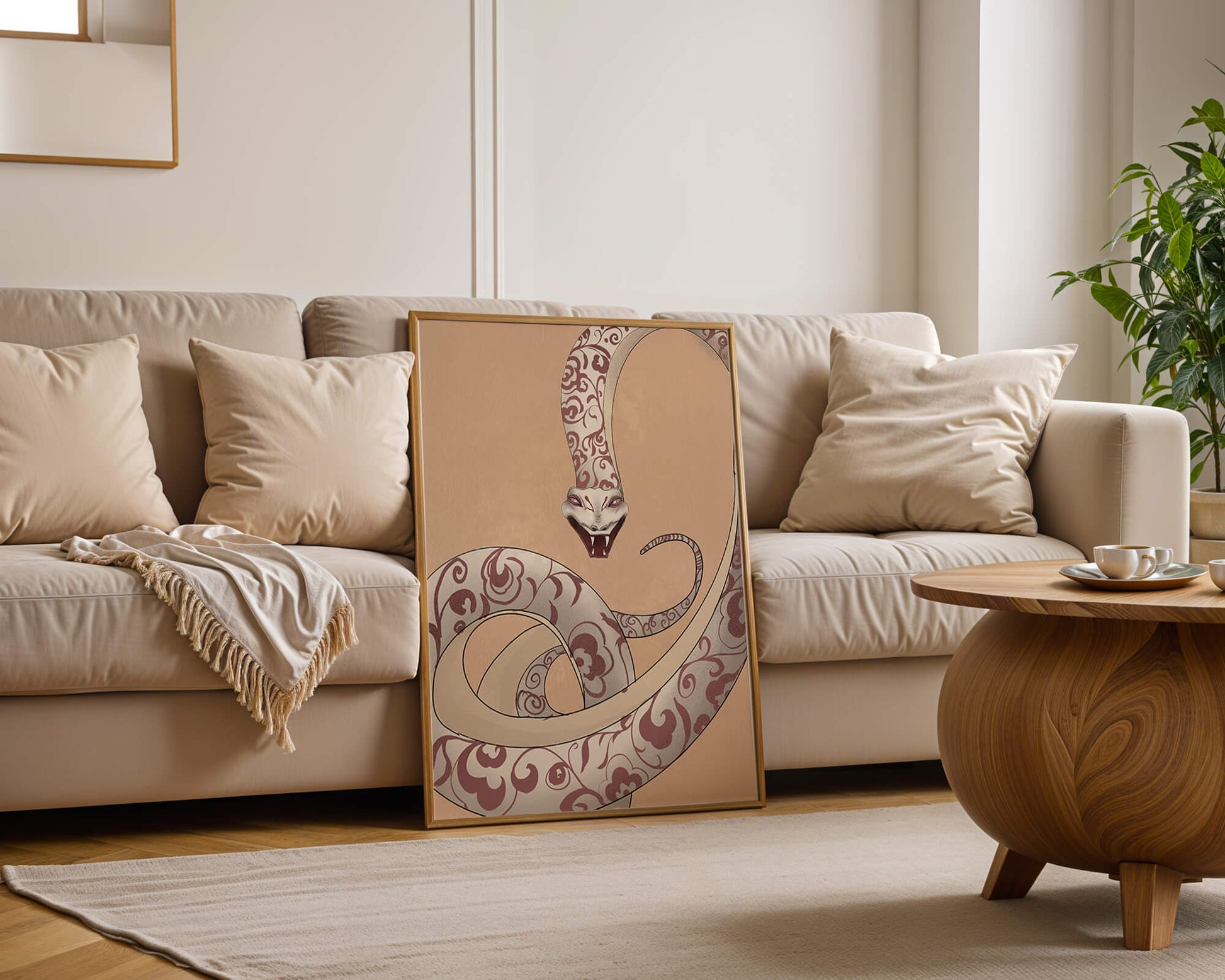 Elegant coiled snake with floral patterns in an artistic composition