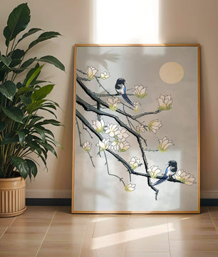 Magpies on Blooming Branches under Full Moon