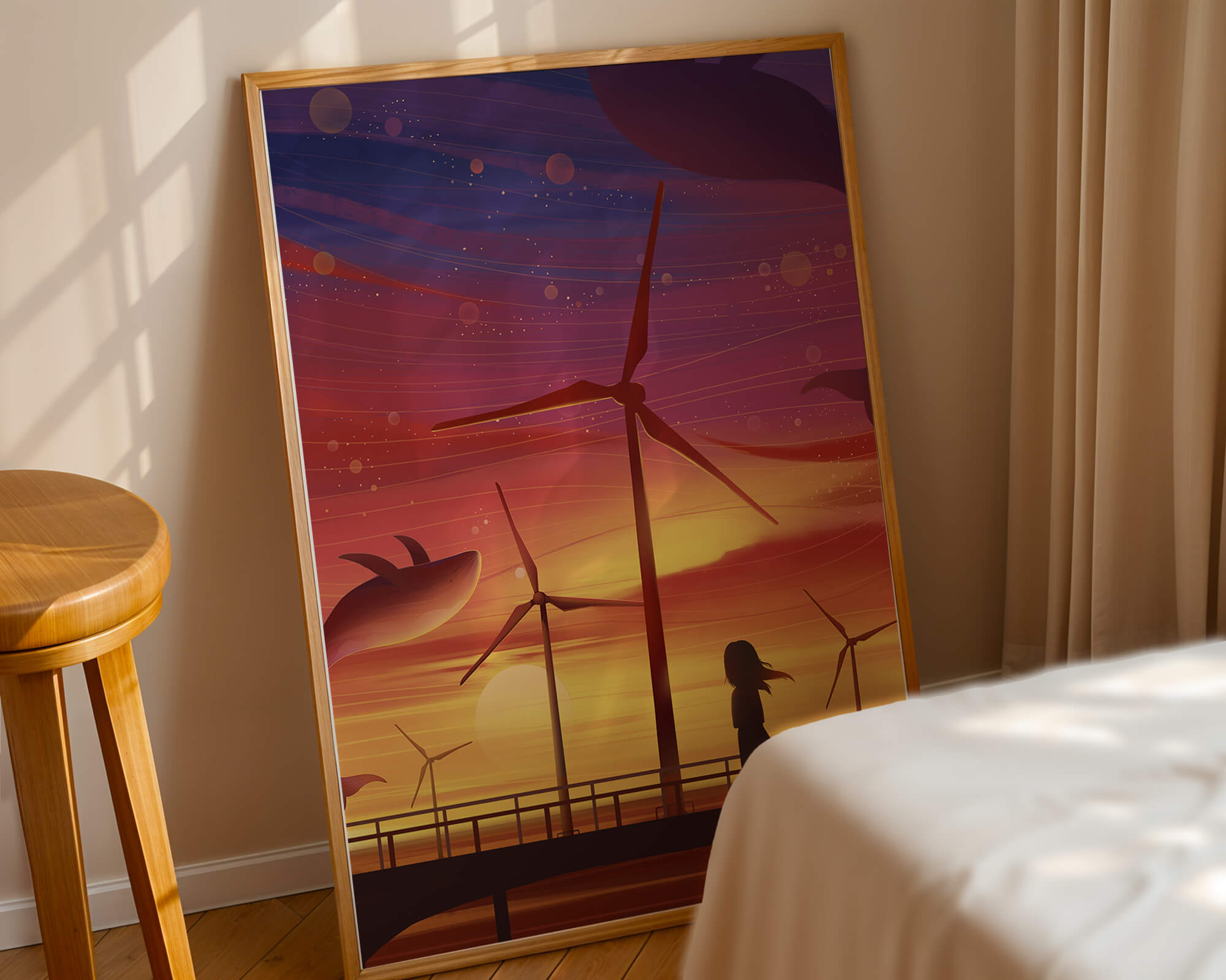 Enchanting sunset scene with wind turbines and silhouette of a girl