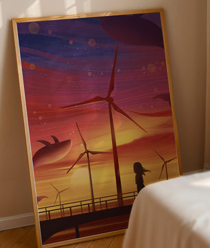 Enchanting sunset scene with wind turbines and silhouette of a girl