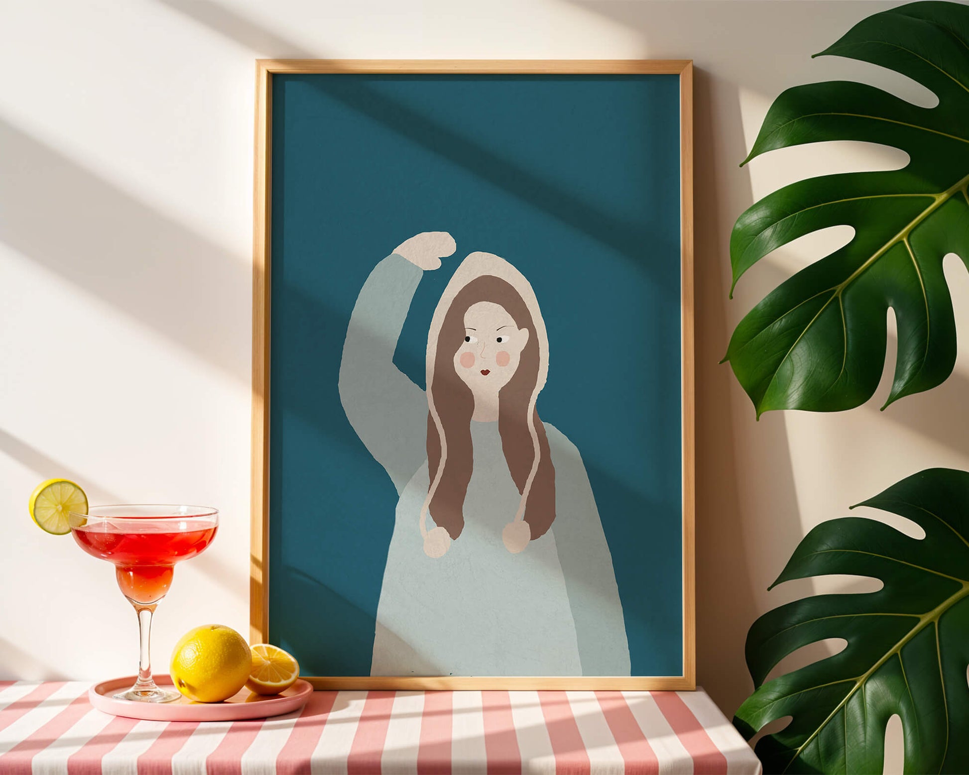 Illustrated girl with hoodie on teal background