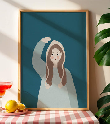 Illustrated girl with hoodie on teal background
