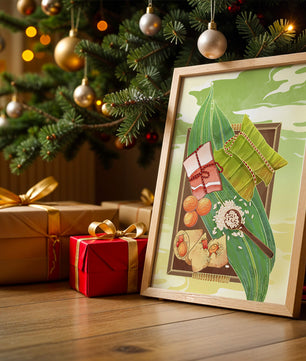 Traditional dumplings wrapped in leaves with ingredients on a vibrant background