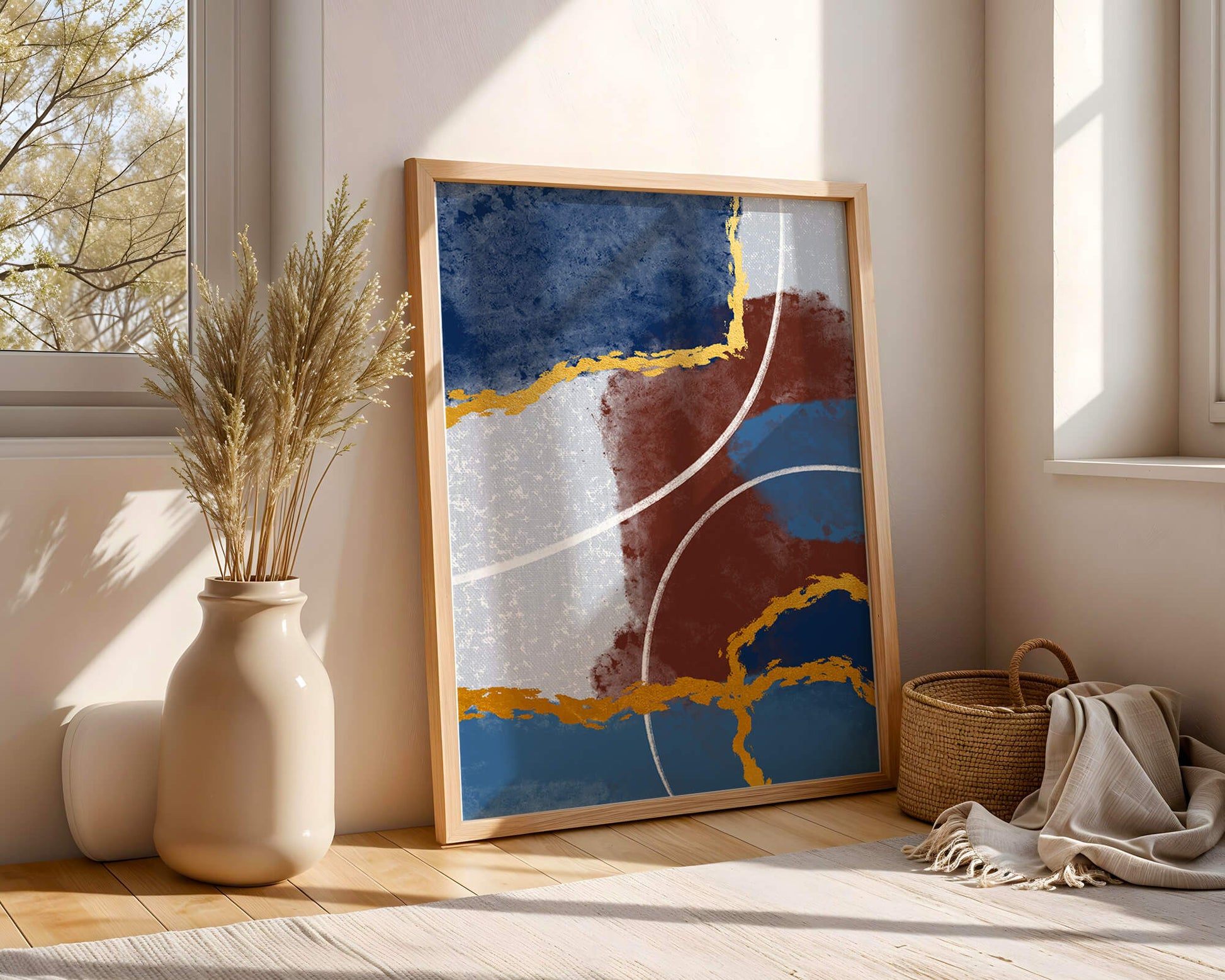 Abstract painting with gold accents and geometric elements
