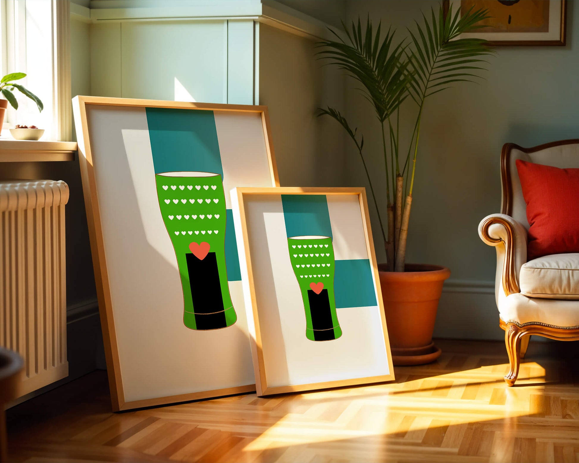Green vase with heart pattern and minimalistic design