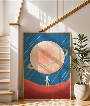 Illustration Of A Large Planet Against A Stardust Background With A Small Figure In The Foreground