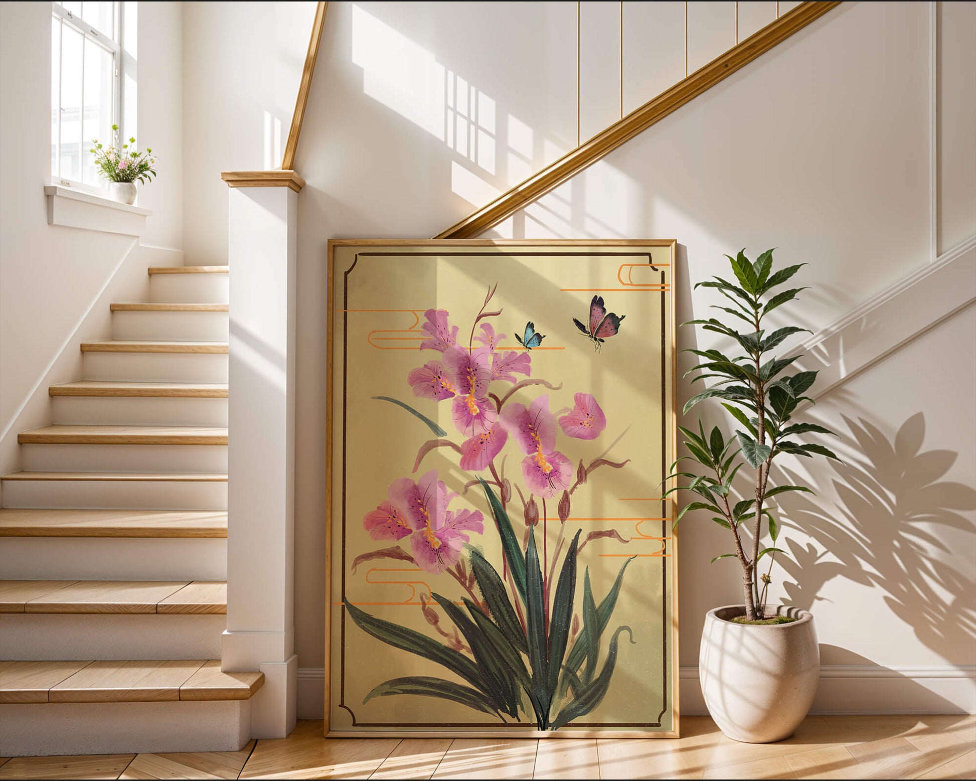 Elegant Floral Composition with Butterflies and Ornamental Background