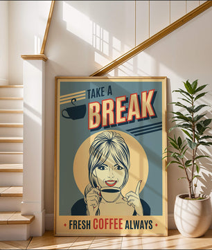 Retro Coffee Break Poster with Woman Holding a Cup - Mi tienda