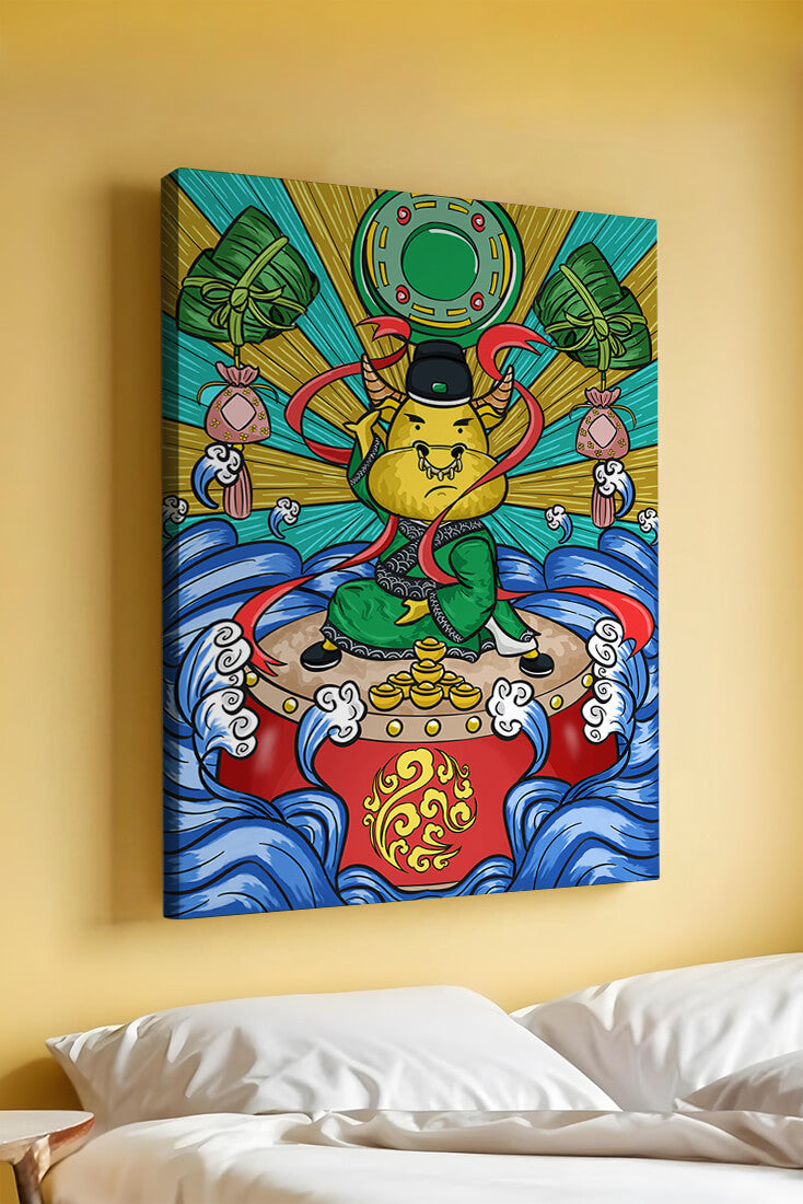 Colorful illustration of a mythical creature with traditional elements and vibrant colors