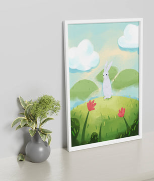 Paisaje caprichoso con conejo y flores coloridas