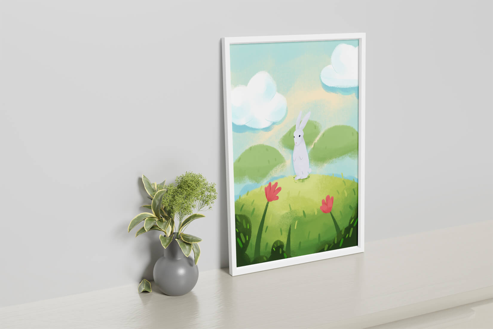 Whimsical landscape with rabbit and colorful flowers