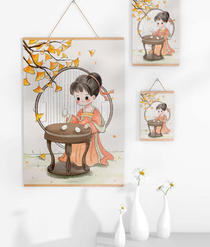Charmante illustration d'une fille en tenue traditionnelle avec des feuilles de ginkgo