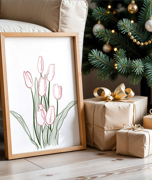 Wunderschöne rosa Tulpen mit grünen Blättern auf einer minimalistischen Leinwand