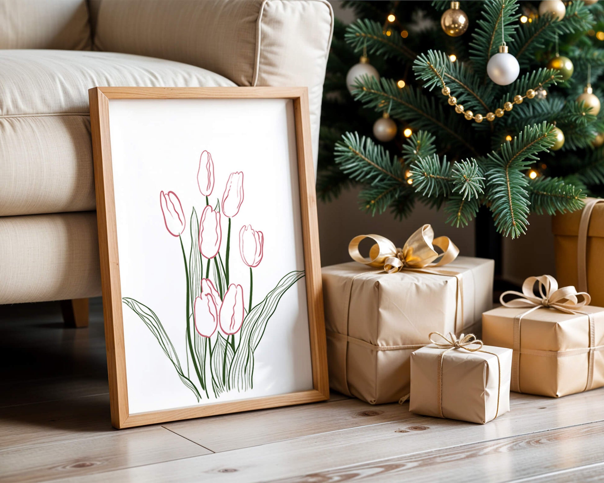 Wunderschöne rosa Tulpen mit grünen Blättern auf einer minimalistischen Leinwand