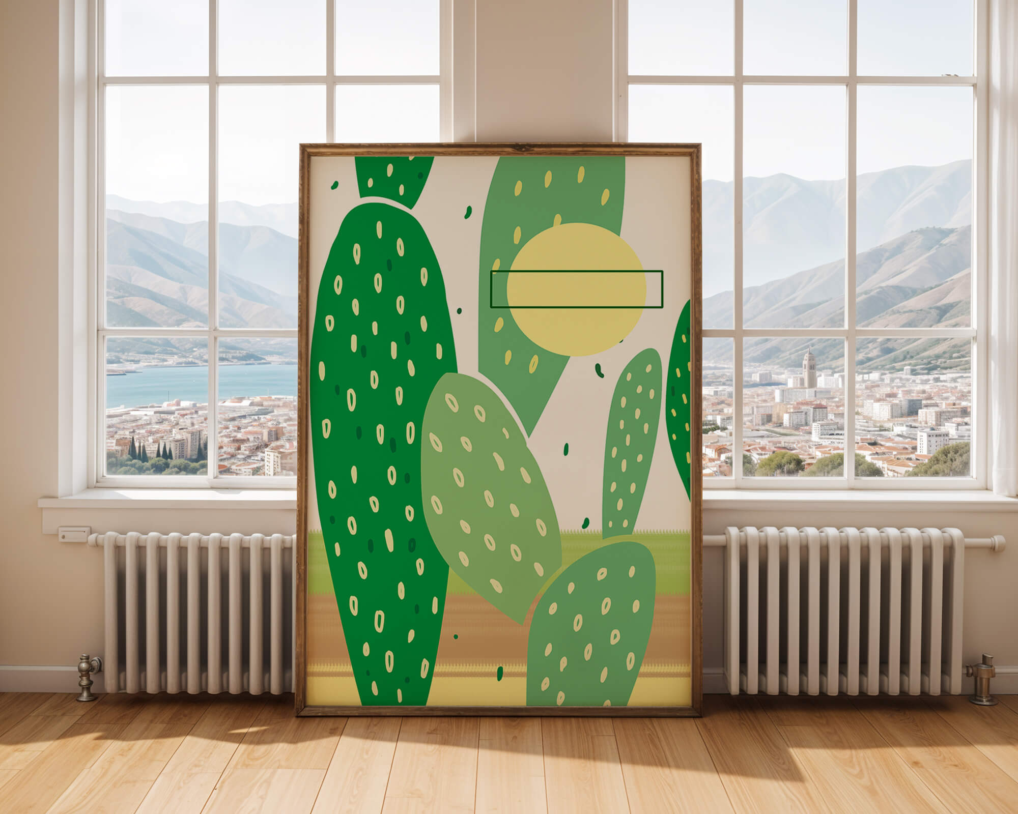 Abstract cactus art with green and yellow elements