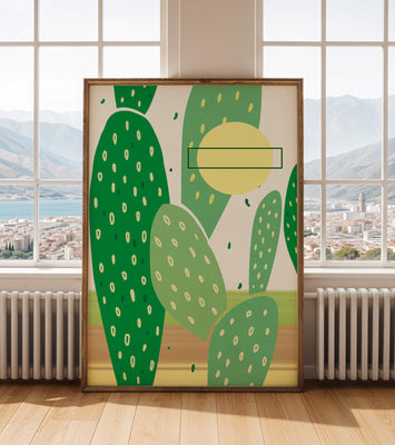 Abstract cactus art with green and yellow elements