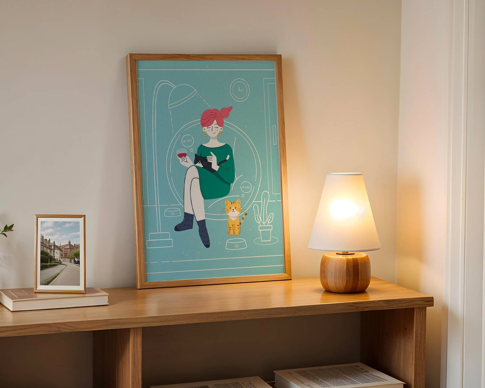 Acogedora velada con gatos en una sala de estar escandinava