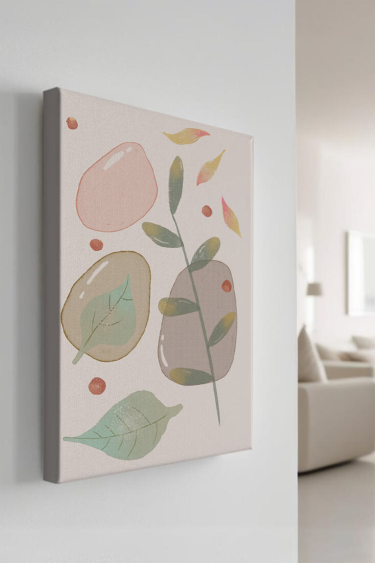 Abstract botanical illustration with pastel colored leaves and shapes