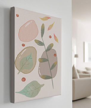 Abstract botanical illustration with pastel colored leaves and shapes