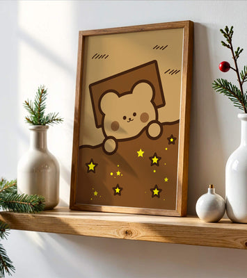 Adorable bear peeking out from a blanket with stars illustration