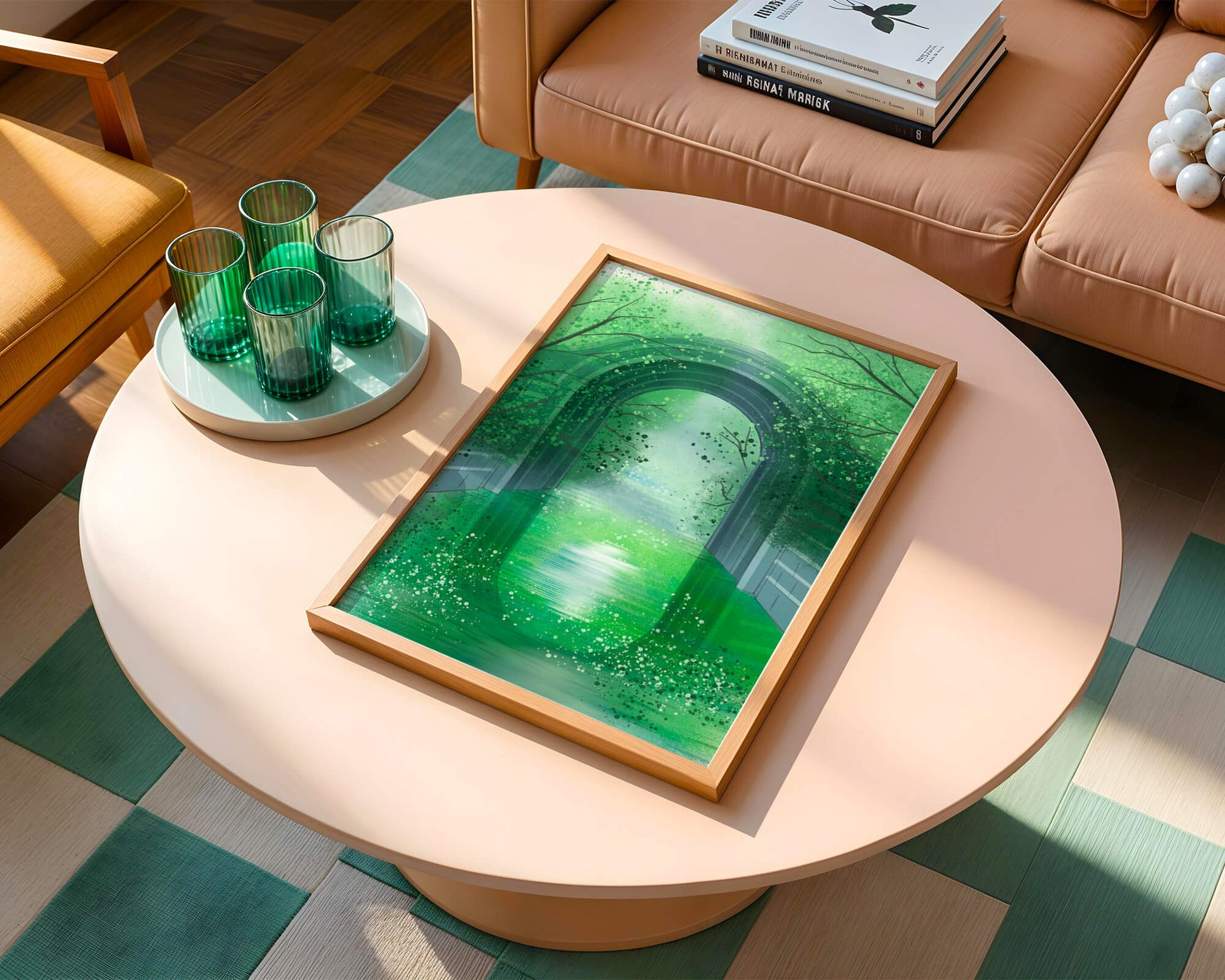 A serene green garden tunnel with reflective water