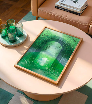 A serene green garden tunnel with reflective water