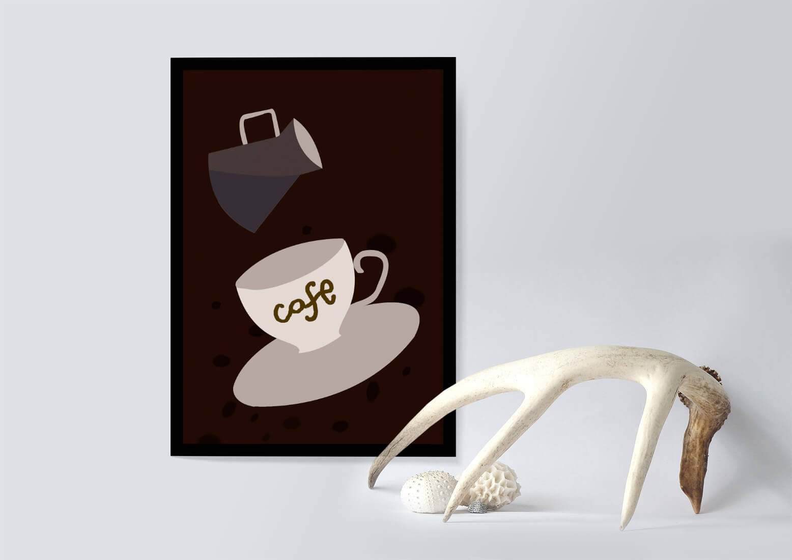 Minimalist coffee cup with pouring pot on dark background
