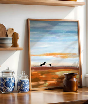 Serene landscape with cowboy and horse under vast sky