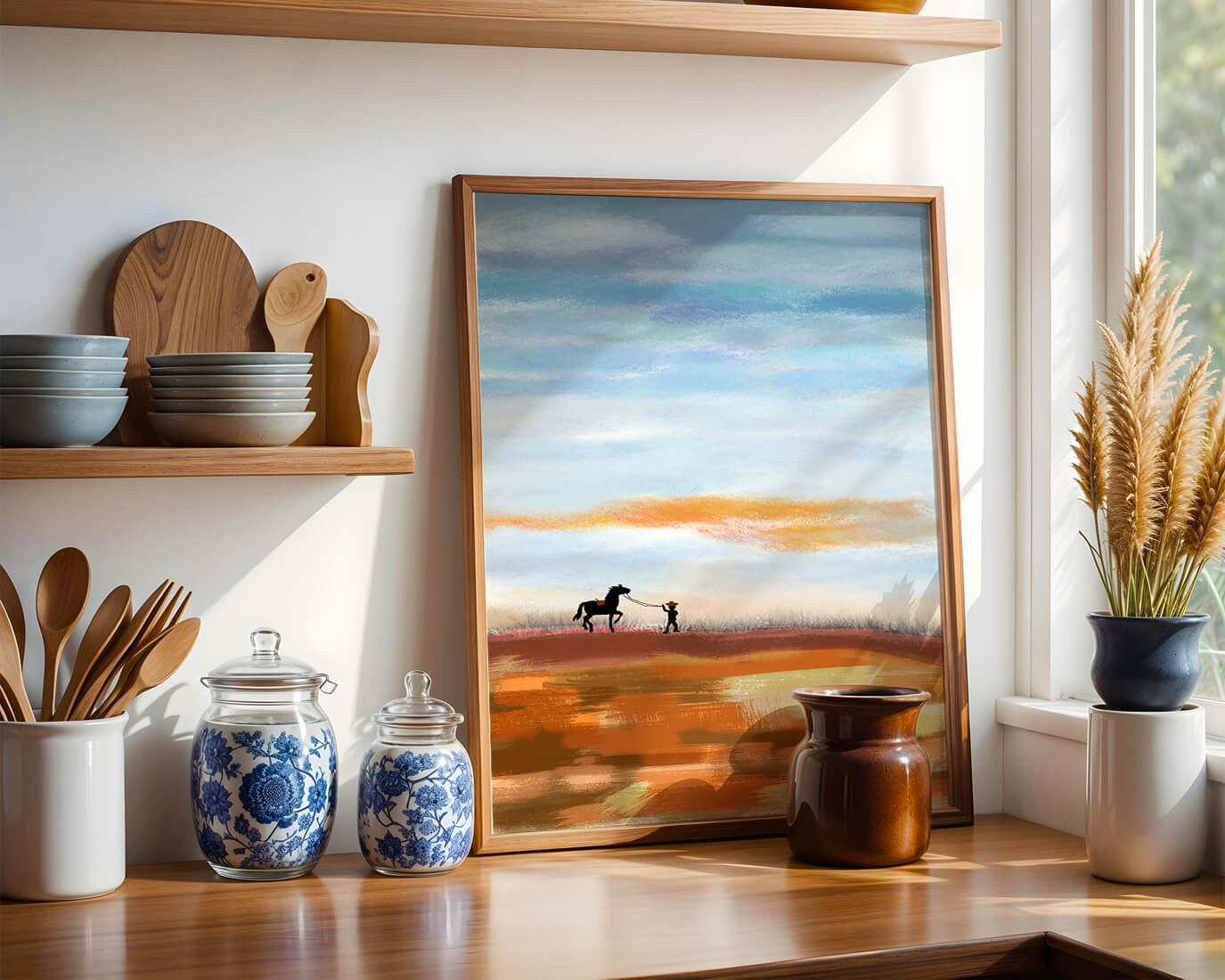 Serene landscape with cowboy and horse under vast sky