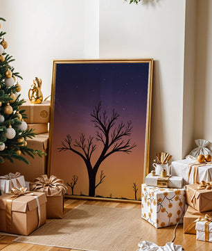 Silhouette Of Tree Against Stunning Sunset Sky With Stars