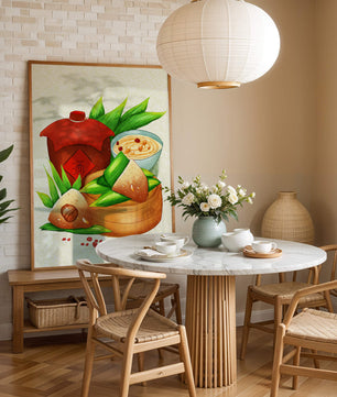 Illustrated traditional Chinese food with zongzi and rice wine