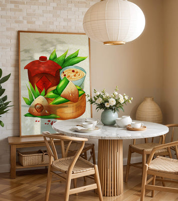 Illustrated traditional Chinese food with zongzi and rice wine