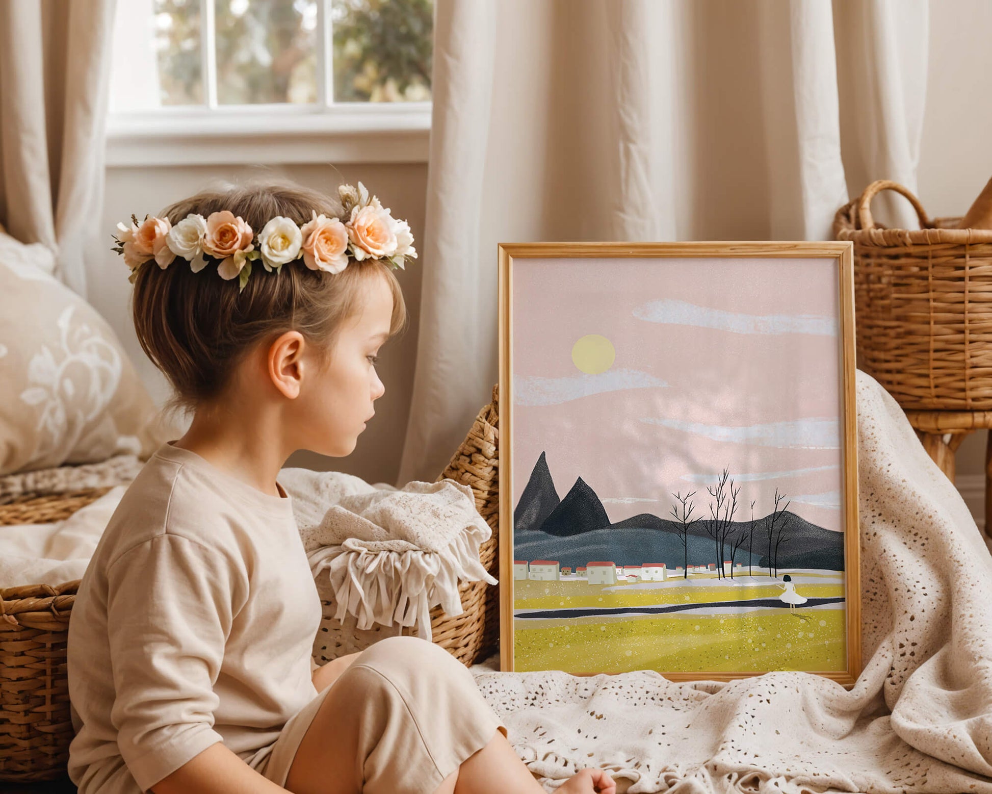 Serene landscape with mountains, village, and a girl under a pink sky