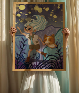 Whimsical Adventure in a Magical Night Sky Landscape