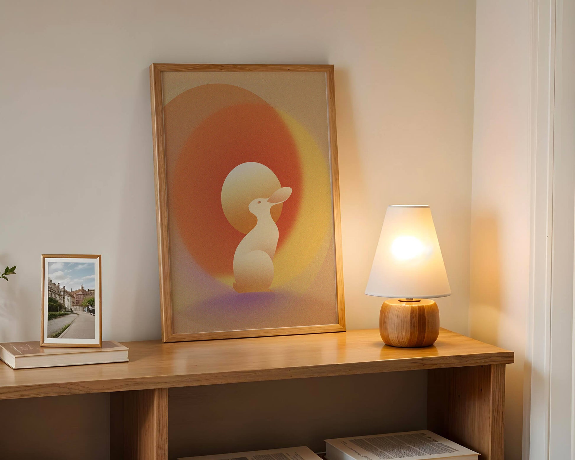 Majestic White Rabbit with Sun and Abstract Circles