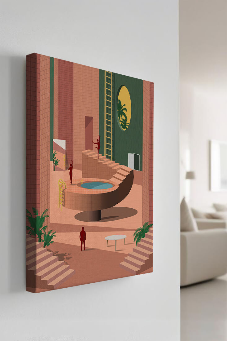 Modern architectural interior with geometric design and greenery