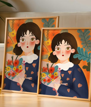 Ilustración encantadora de una chica con flores y corazones