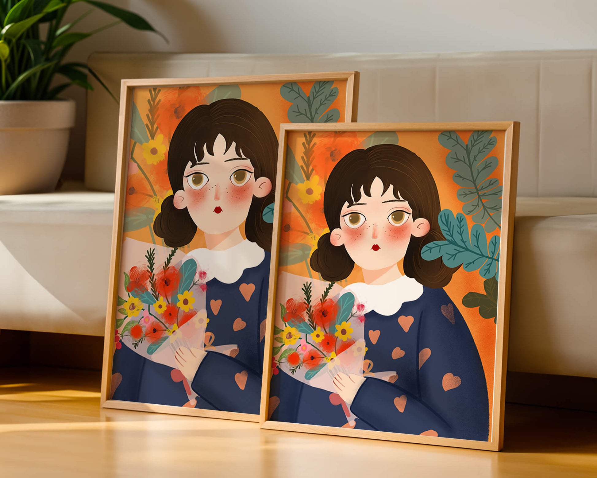 Ilustración encantadora de una chica con flores y corazones