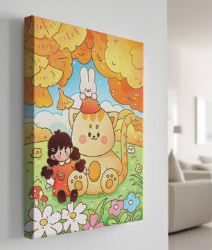 Ilustración caprichosa de una niña, un gato y un conejo en un paisaje otoñal