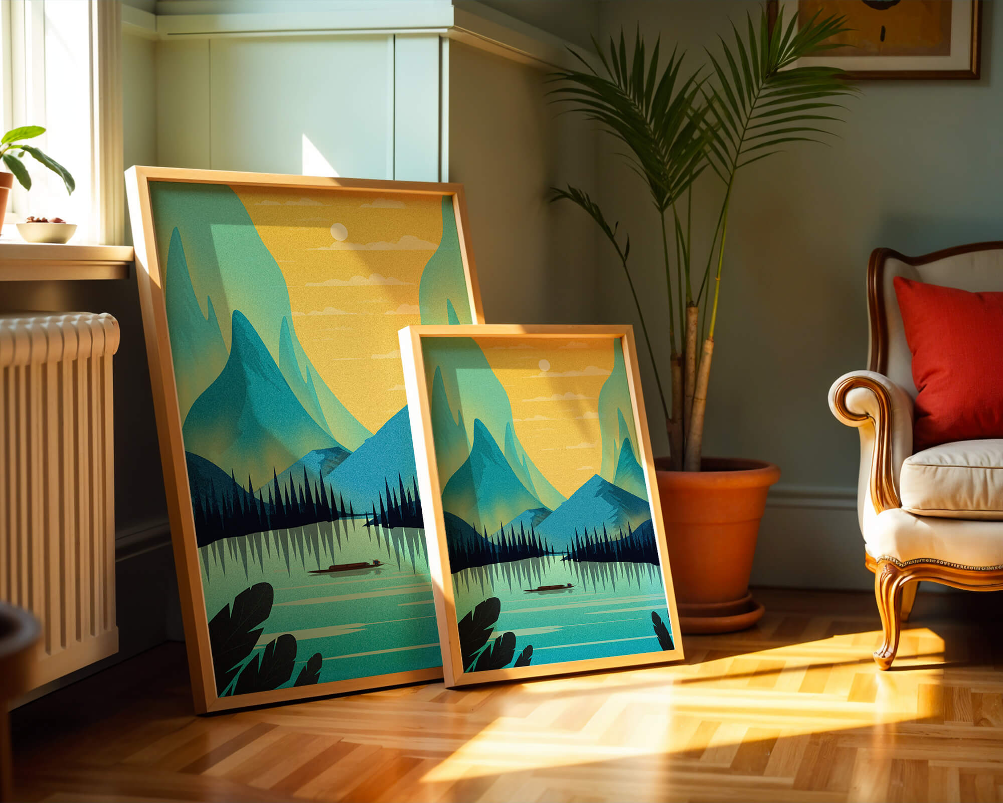 Serene lake landscape with mountains and sunset
