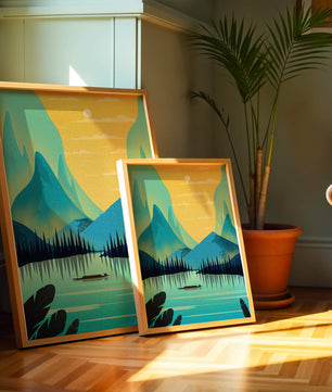 Serene lake landscape with mountains and sunset