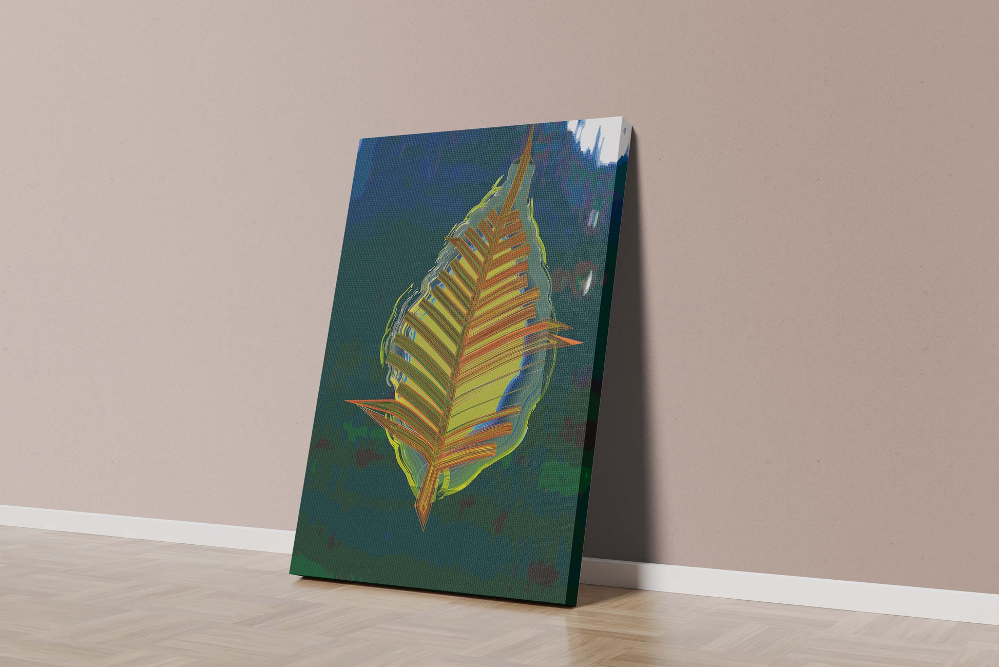 Abstract digital artwork featuring a vibrant multicolored leaf