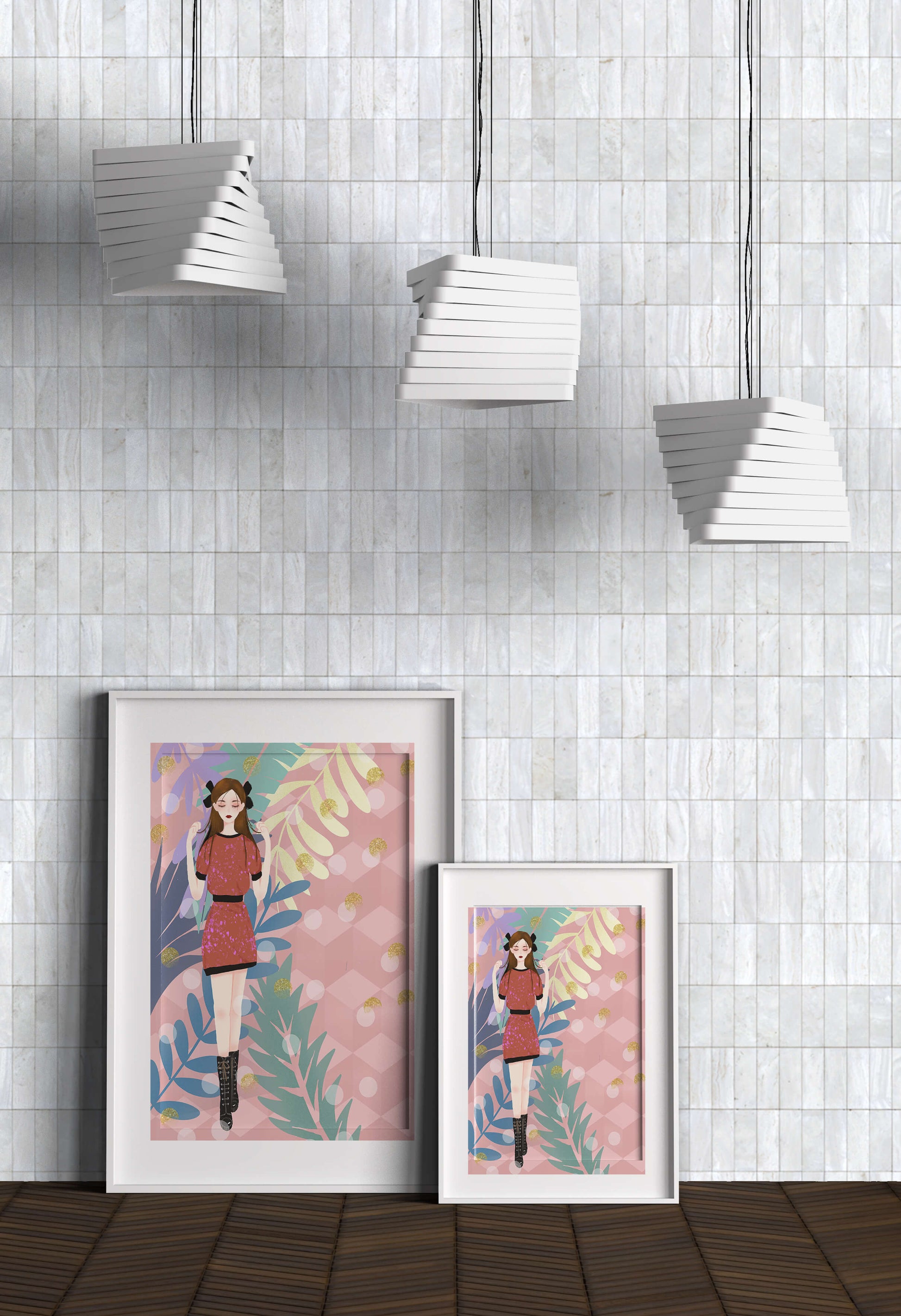Stylish illustration of a woman with botanical elements and geometric background