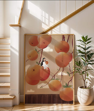 Whimsical illustration of girl with giant oranges and branches