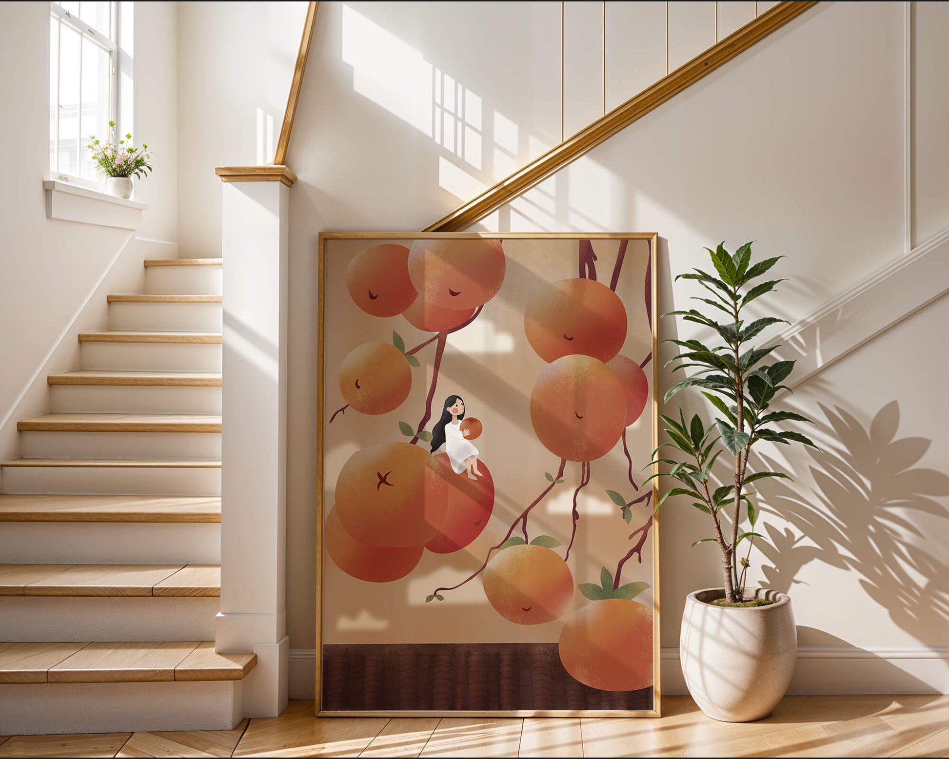 Whimsical illustration of girl with giant oranges and branches