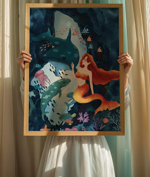 Underwater scene with a mermaid interacting with sea creatures in a vibrant ocean cave