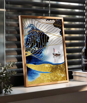 Paisaje abstracto con olas doradas y un bote solitario sobre fondo azul y blanco