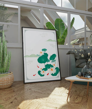 Elegante Lotus- und Koi-Fisch-Illustration mit orientalischen Designelementen